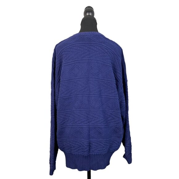 Vintage 90s Navy Textured Geometric Knit Crewneck Grandpa Sweater - Picture 2 of 7